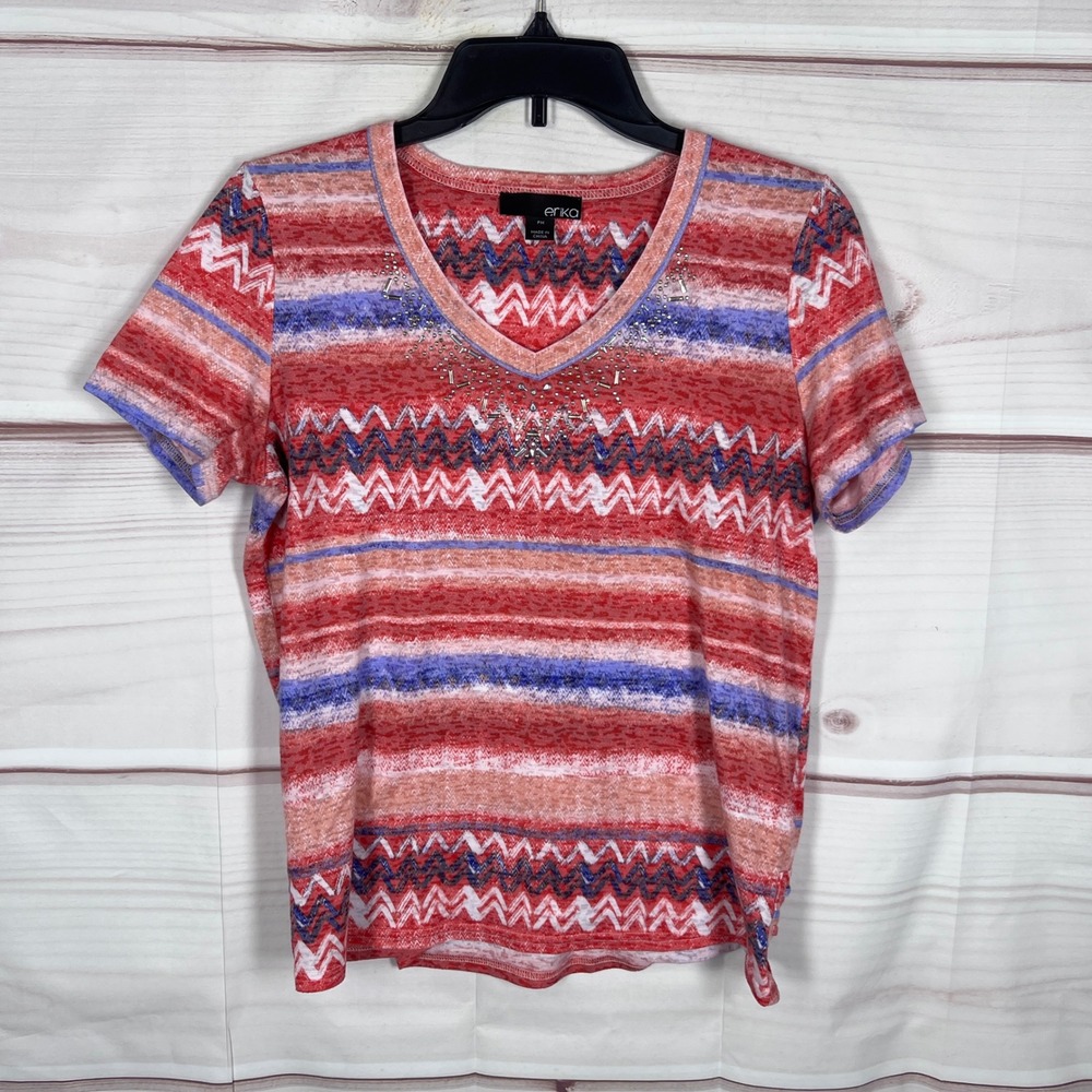 Erika V-Neck Top Womens PM Red Chevron Studded Short Sleeve T-Shirt Knit Basic